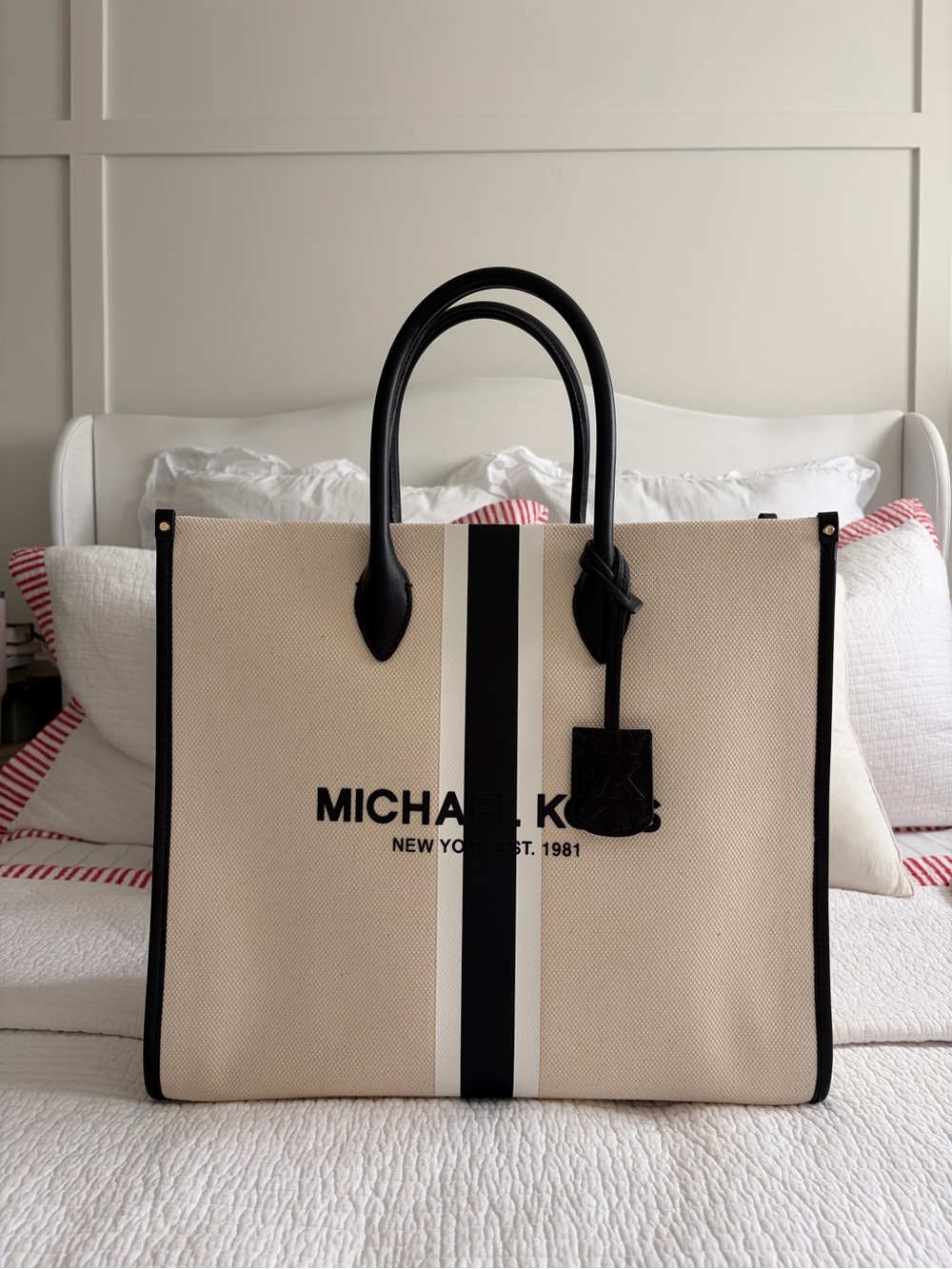 Michael Kors Beige Tote with Black Center Stripe